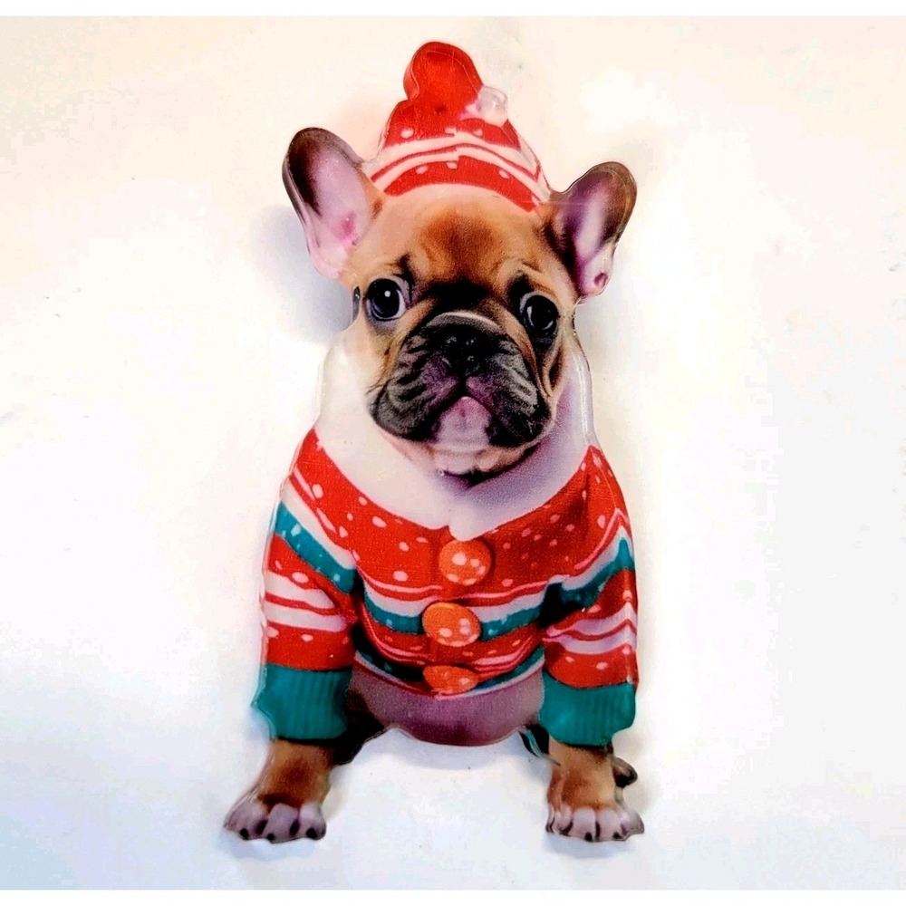 French Bulldog Christmas Sweater Acrylic Brooch Pin Cute Holiday Small Gift New